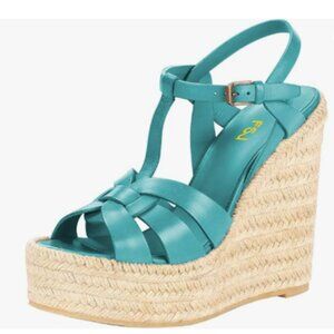 FSJ Turquoise Open Toe Espadrille Platform Ankle Strap Wedge Woven Cutout Sandal